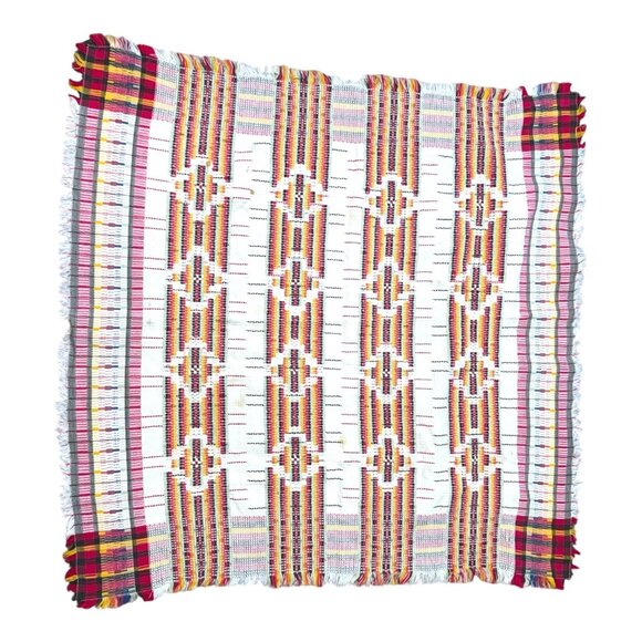 Handwoven Rainbow Swedish Bridge Tablecloth 40" Geometric Pattern Fringed Edges - Picture 1 of 4